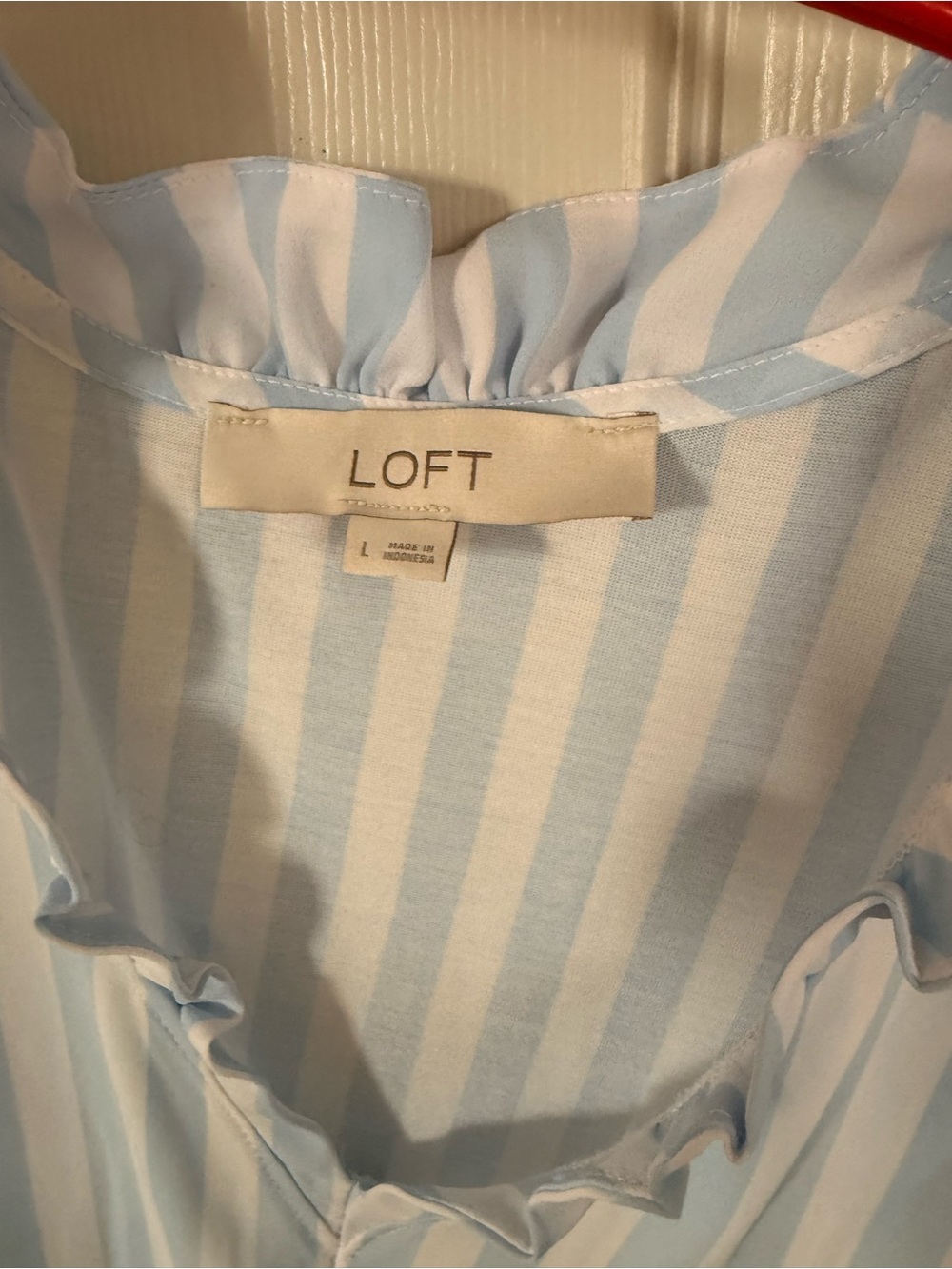 LOFT Blue & White Striped Ruffle V-Neck Shell - Picture 3 of 4